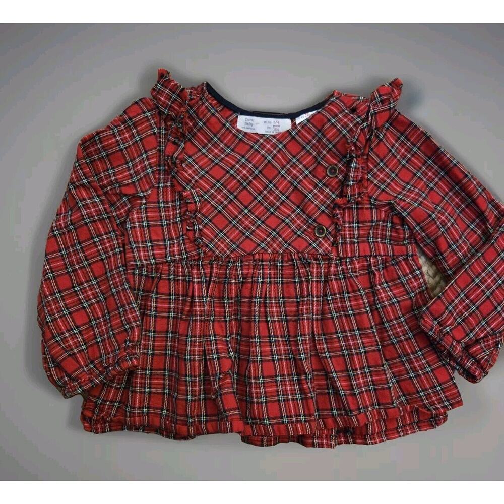 Zara Toddler Red Plaid Ruffle Blouse Christmas‎ Holiday Top Size 3-4 GIRLS